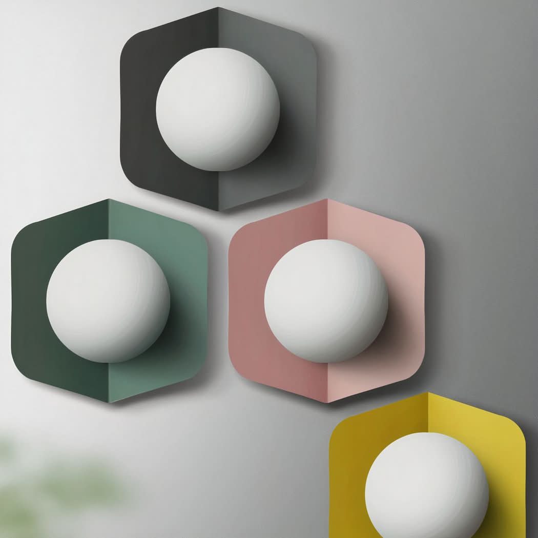 Quatre appliques colorées grises vertes rose et jaune alignées sur un mur clair