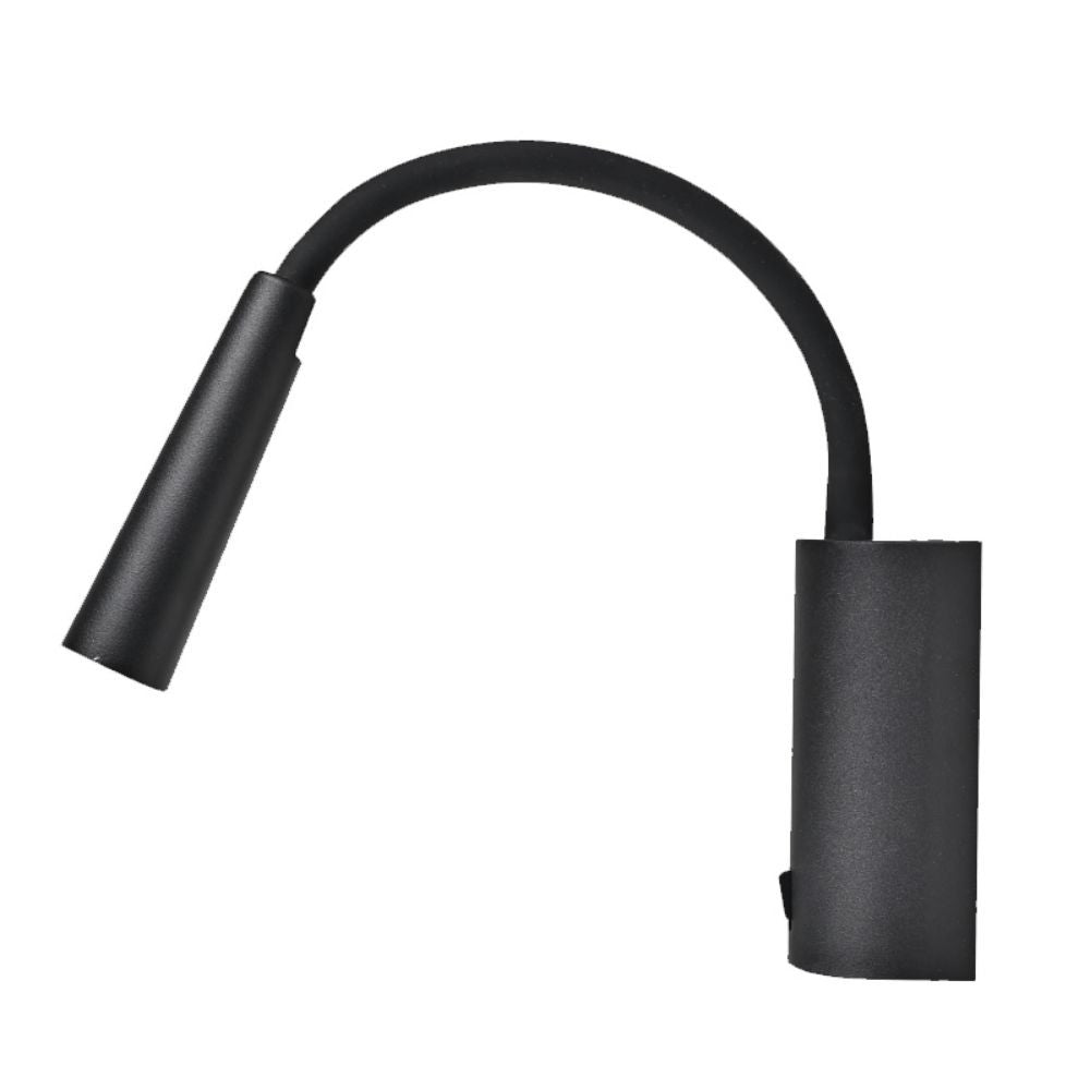 Vue de profil de l applique noire, bras courbé et embase cylindrique avec interrupteur.