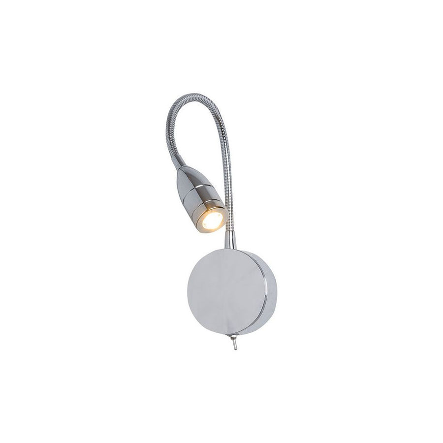 Applique chromée à bras flexible et tête orientable, présentée de face sur fond blanc.