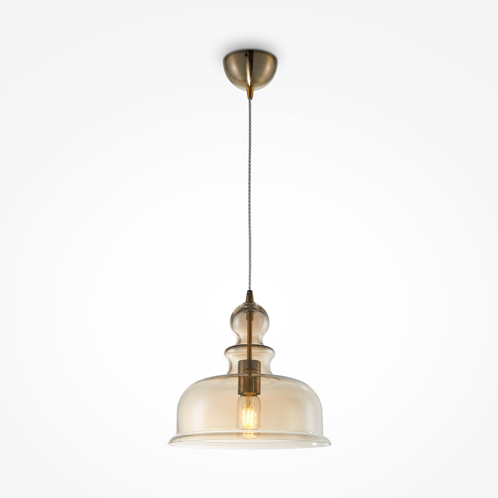 Abat-jour cloche en verre transparent ambré, douille bronze et ampoule filament allumée