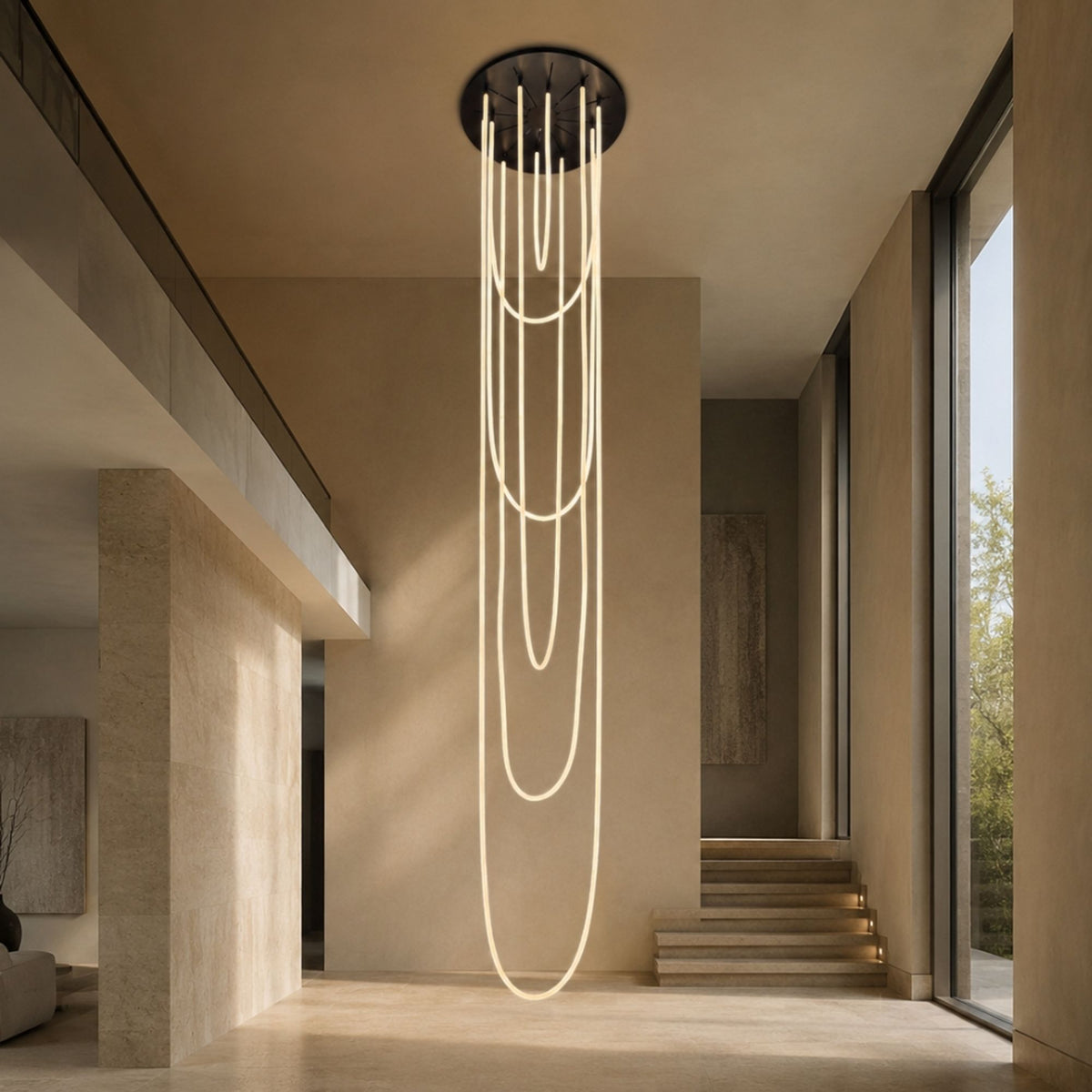 Vue d'ensemble d'une suspension très longue dans un hall contemporain baigné de lumière
