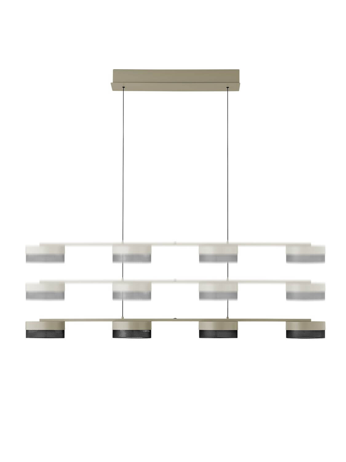 Vue de face multiple montrant la suspension beige à quatre lumières et ses réglages de hauteur.