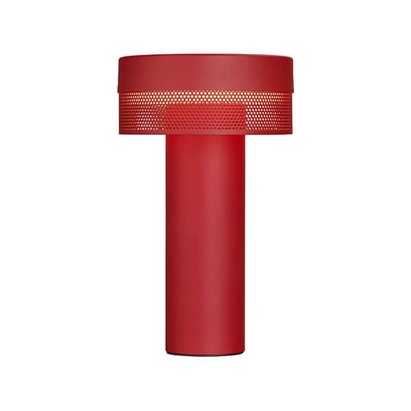 Lampe extérieure rouge de face, corps cylindrique et tête ajourée en mesh