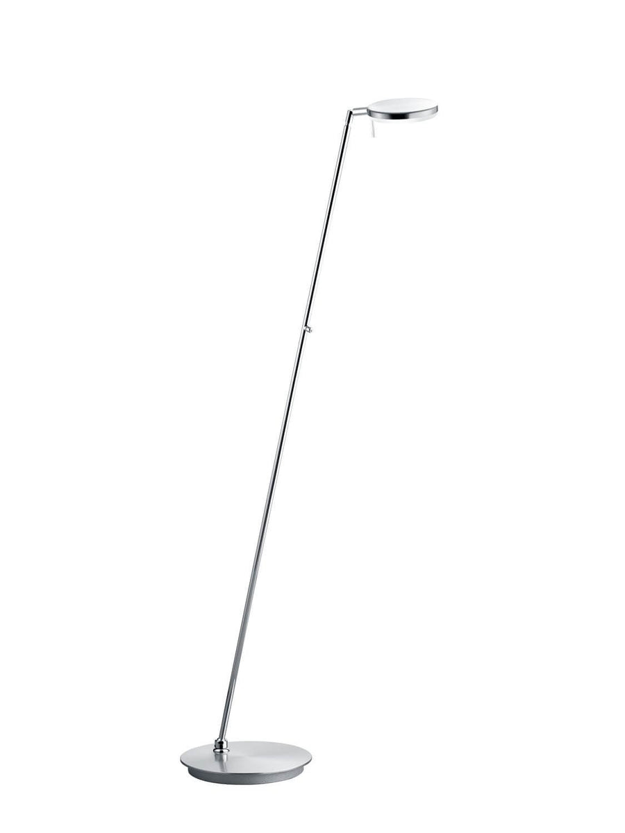 Lampadaire complet vu de face, tige fine inclinée et base ronde chromée