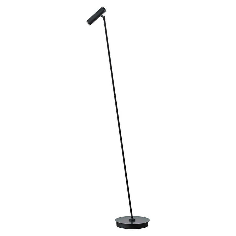 Lampadaire noir de profil, tige fine inclinée et tête cylindrique orientable.