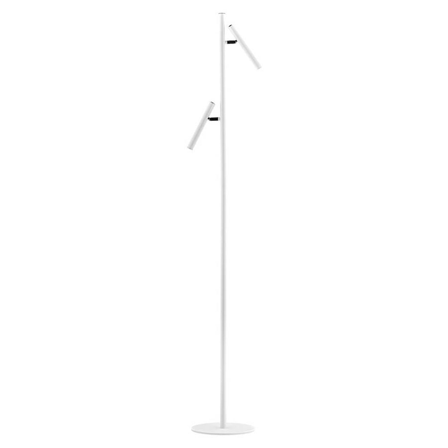 Lampadaire blanc de face sur fond blanc, mât vertical et deux bras orientables
