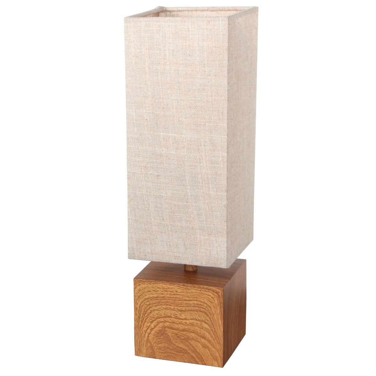 Lampe à poser éteinte présentée de face, abat-jour en lin et base cubique en bois