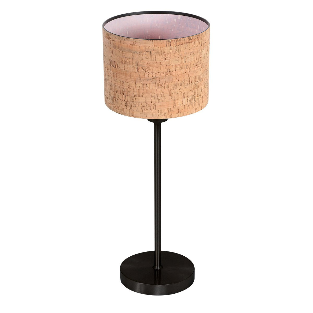 Vue d'ensemble du luminaire, abat-jour en liège naturel et socle métallique noir.