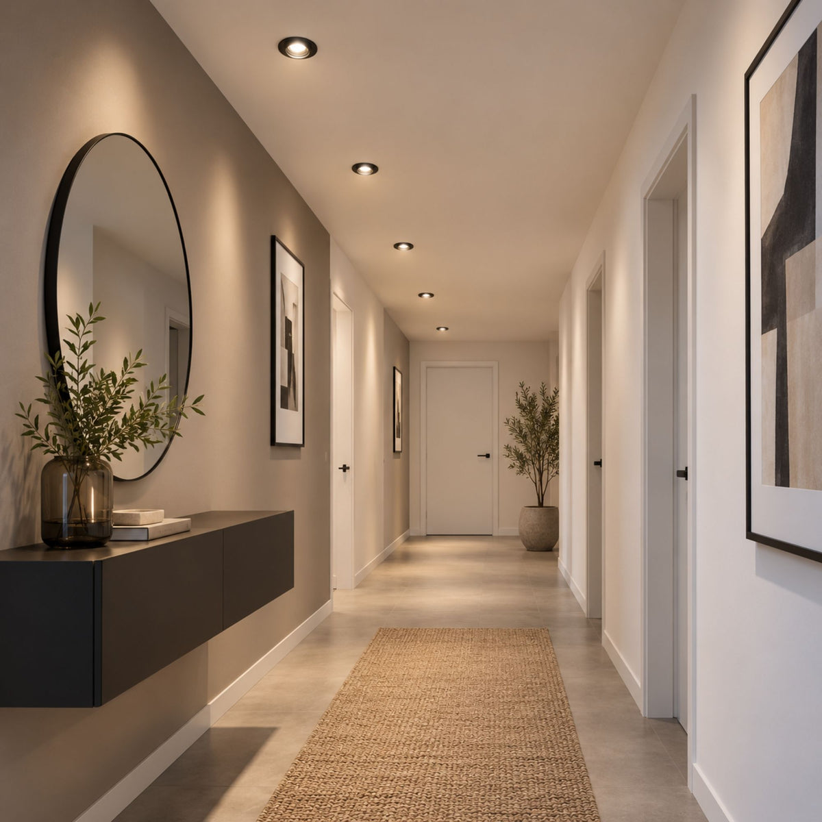 Long couloir beige avec miroir rond, console noire et rangée de spots encastrés