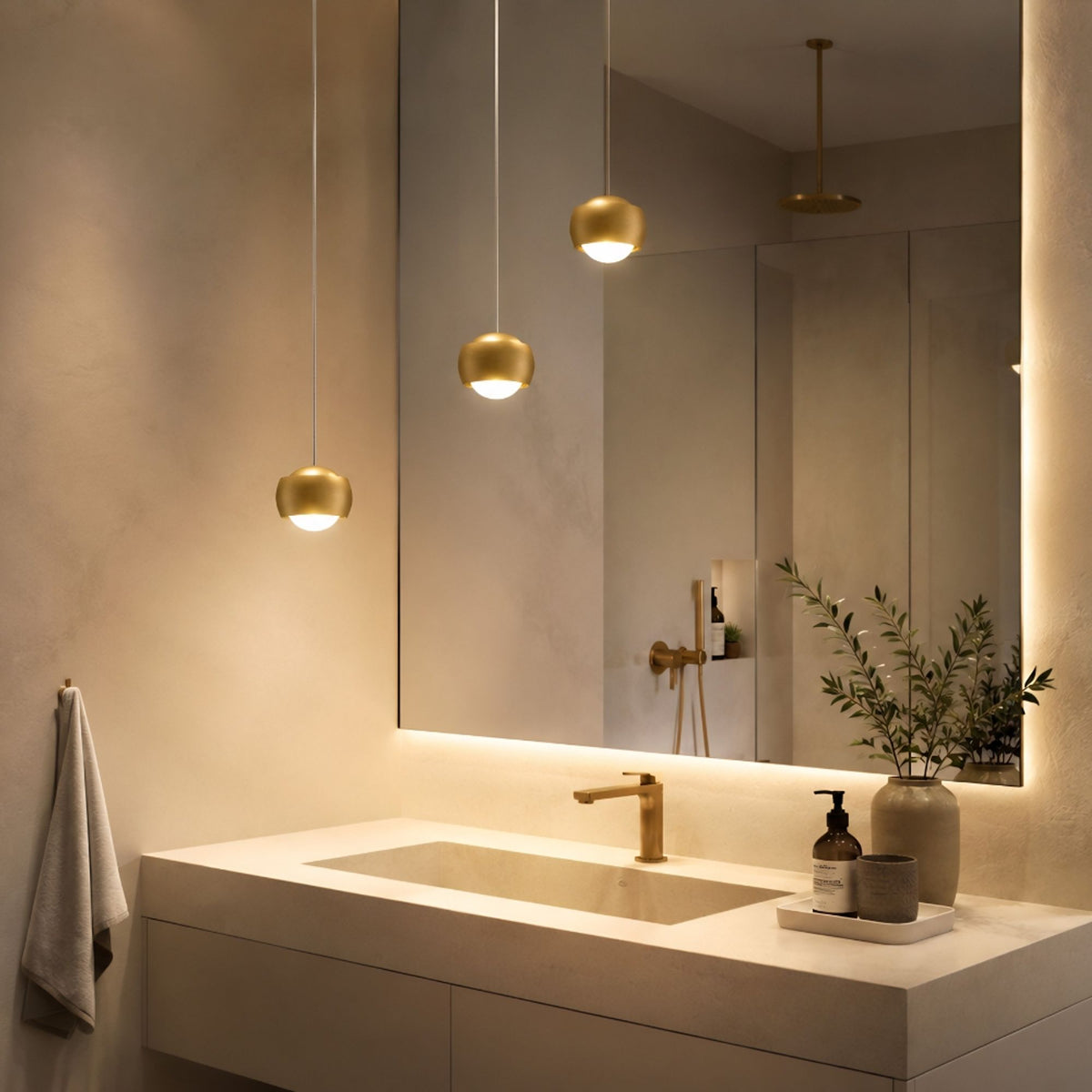 Trois suspensions dorées au-dessus d'un lavabo, reflets dans un grand miroir