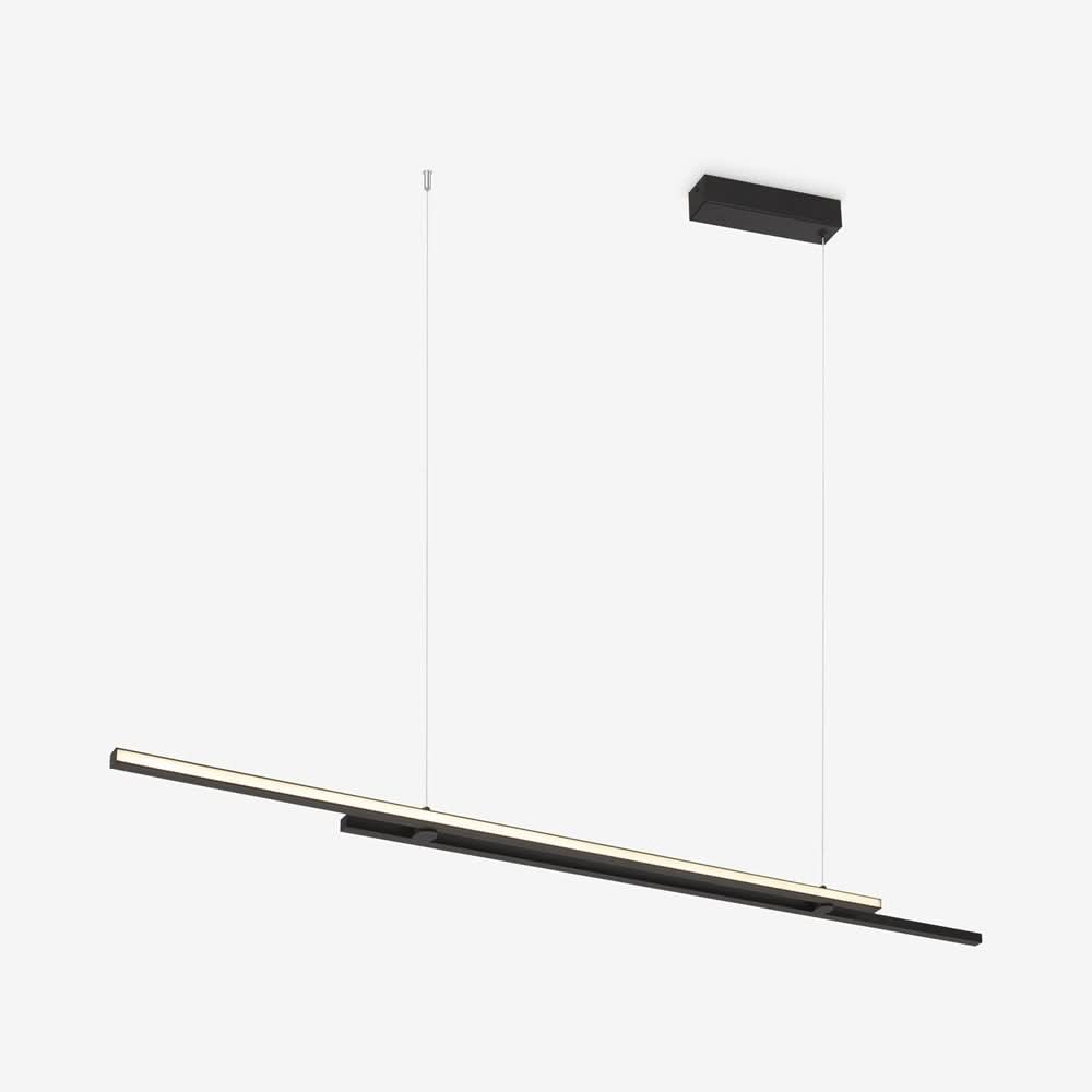 Même suspension linéaire en finition noire, vue de trois quarts sur fond clair.