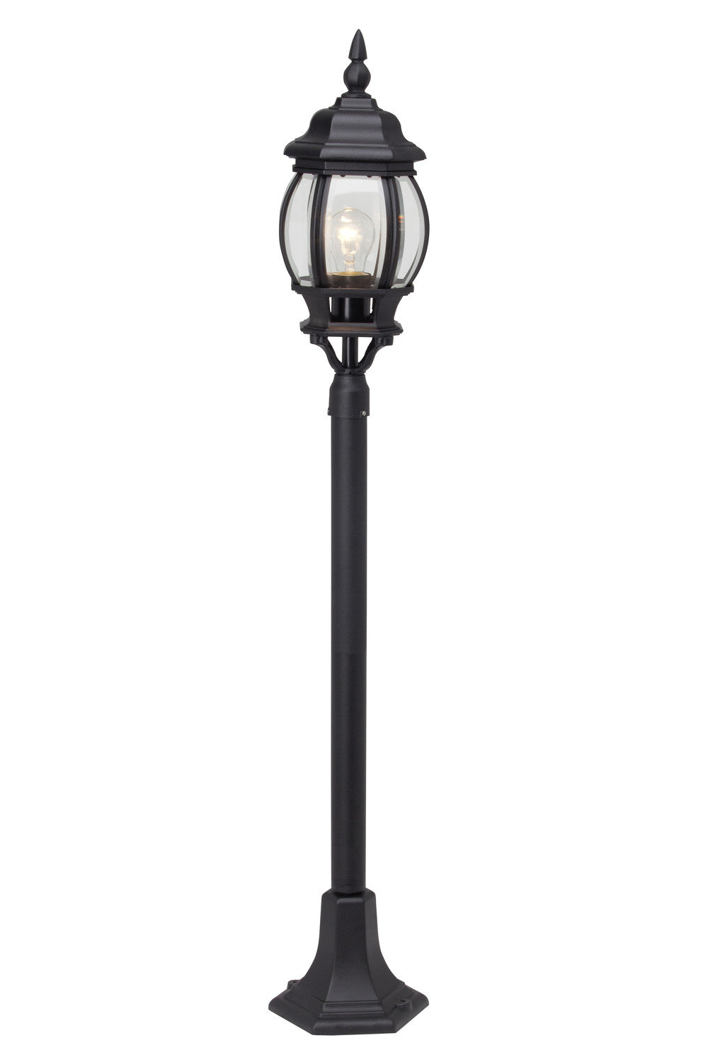 Vue de trois quarts du lampadaire allumé, ampoule visible sous le verre bombé
