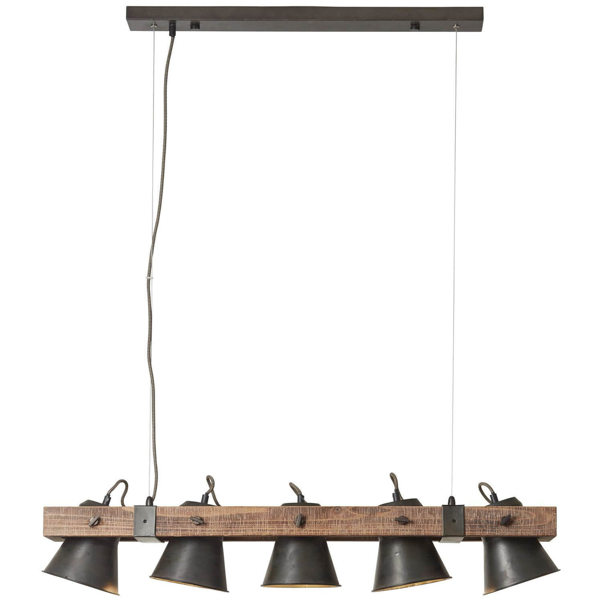 Luminaire vu de biais avec câble textile tressé et abat-jour légèrement inclinés