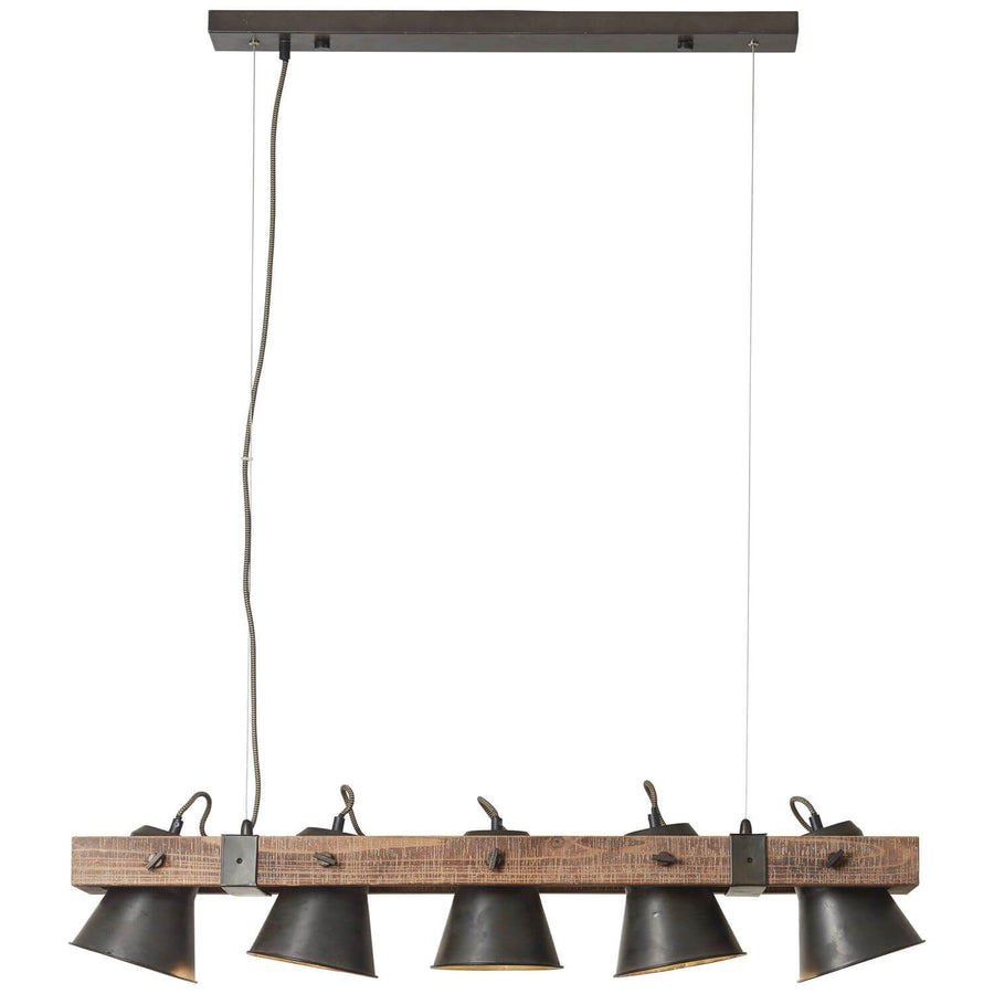 Luminaire vu de biais avec câble textile tressé et abat-jour légèrement inclinés