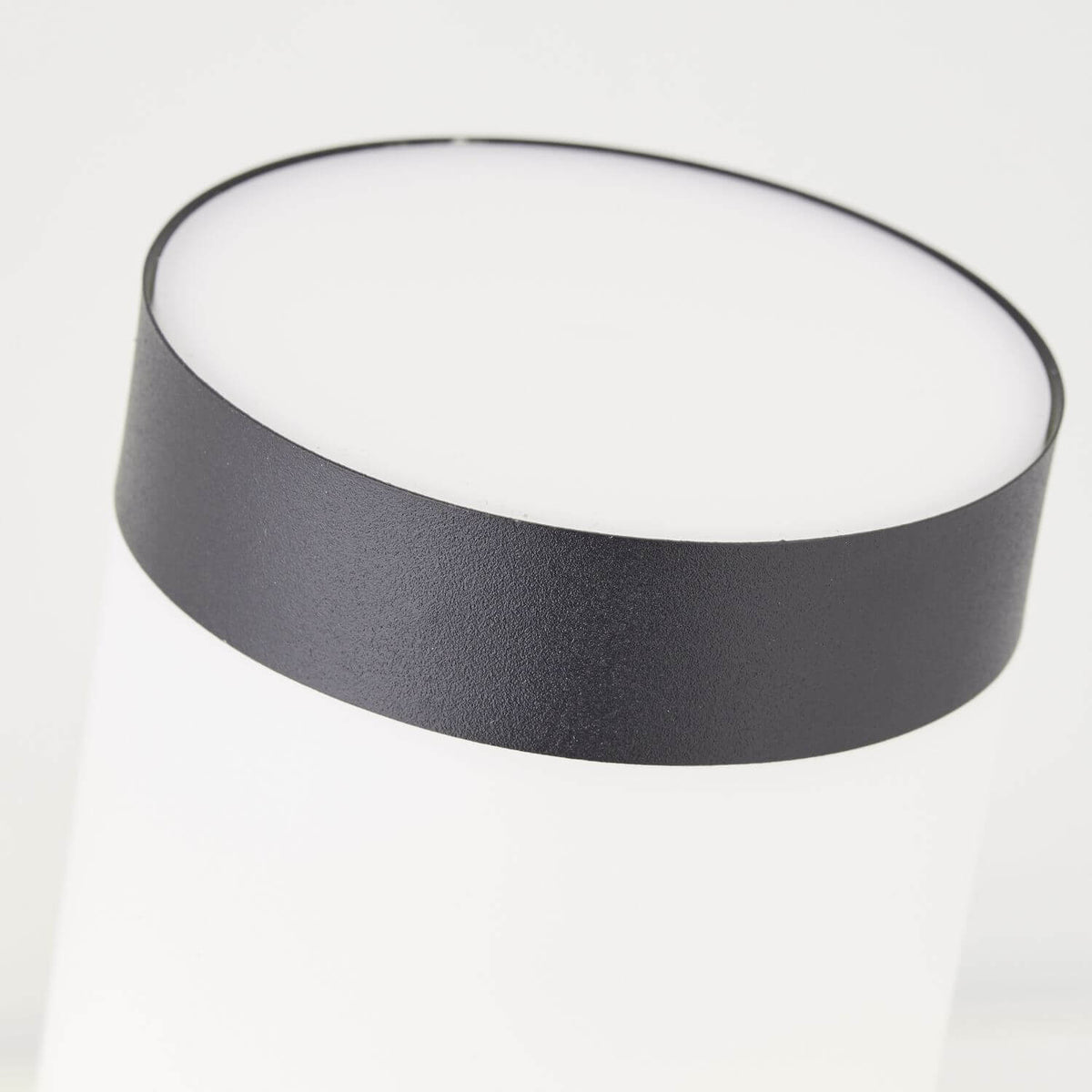 Détail du sommet de l'applique avec cerclage noir et diffuseur opalin blanc.