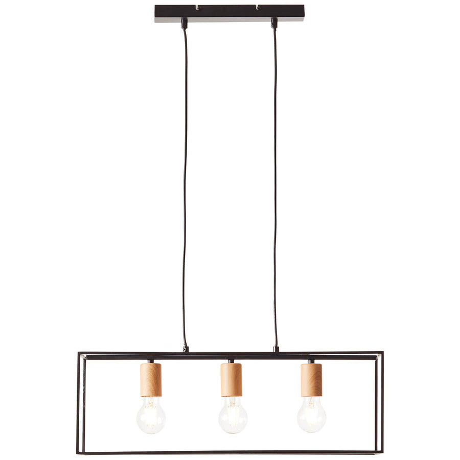 Suspension trois lumières vue de face sur fond blanc, cadre noir rectangulaire et douilles en bois.
