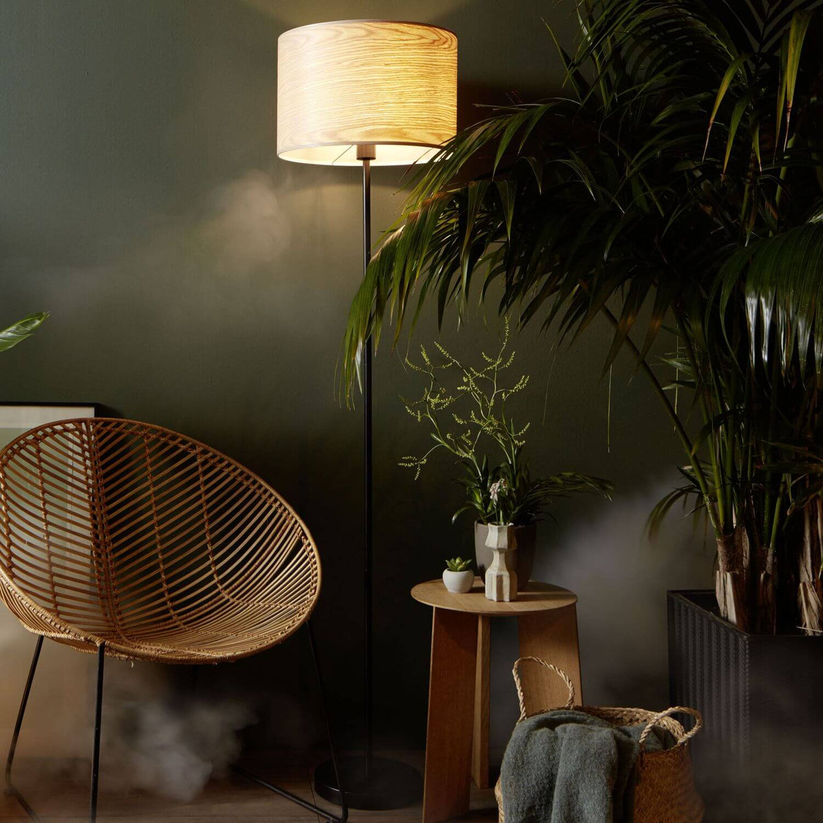 Mise en ambiance dans un salon sombre, lampadaire allumé près d'un fauteuil en rotin et plantes.