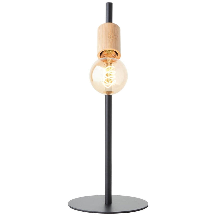 Face du luminaire, douille bambou verticale surmontant une ampoule globe allumée.