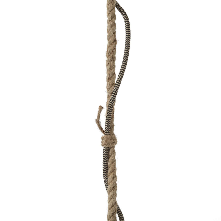 Détail du nœud de corde en chanvre et du câble textile noir tressé