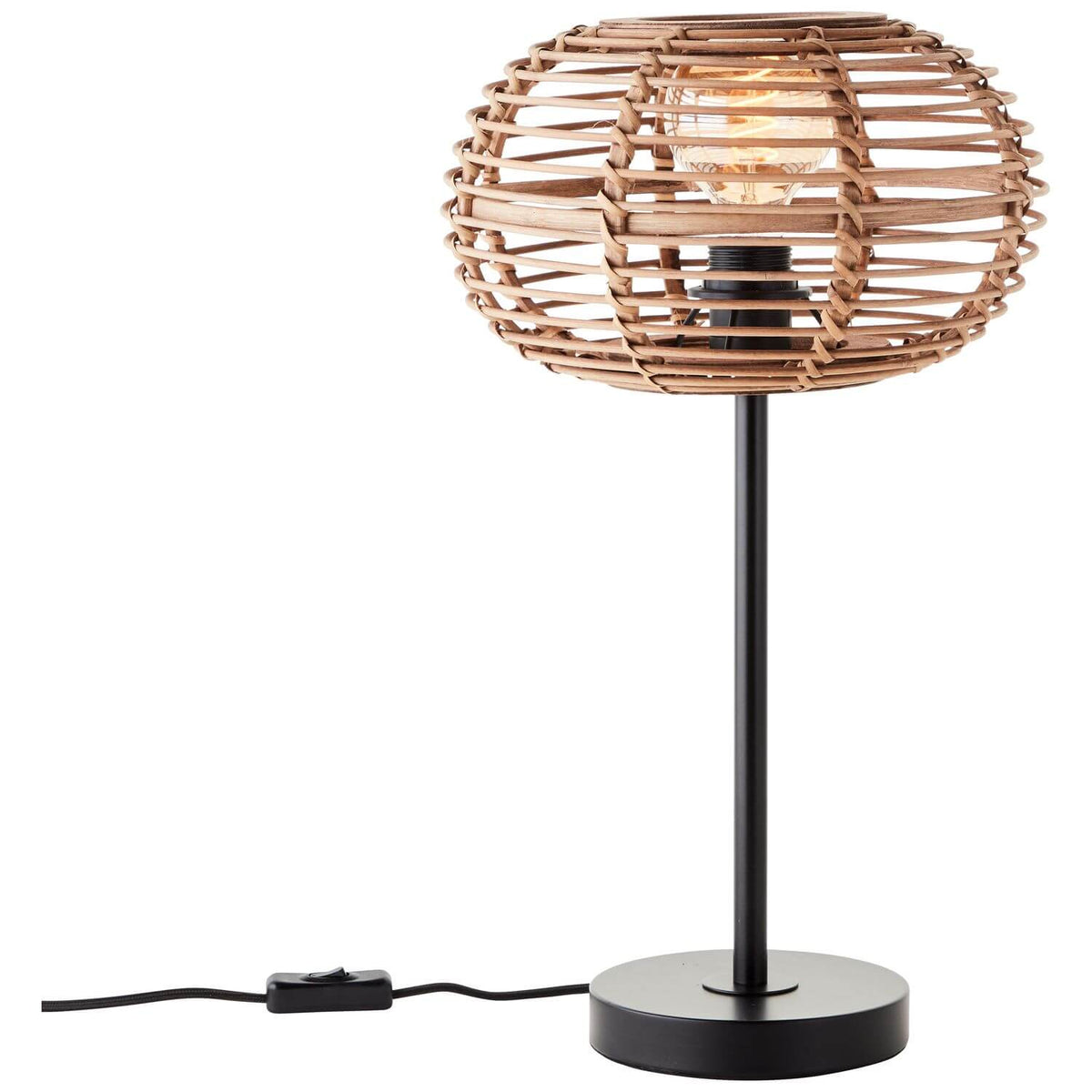 Vue d'ensemble avec câble noir et interrupteur, lampe à poser en bambou naturel