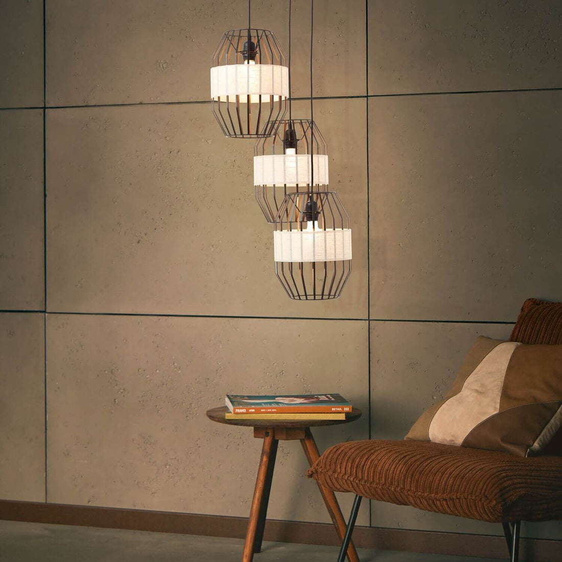 Suspension Slope 3 lumières noire et bois, tissu