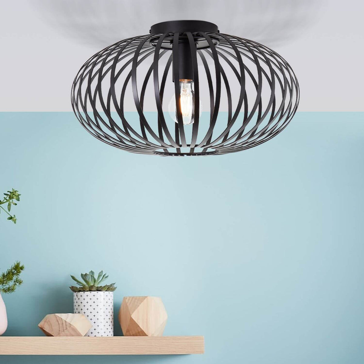 Plafonnier fixé au plafond devant un mur bleu clair avec étagère et plantes
