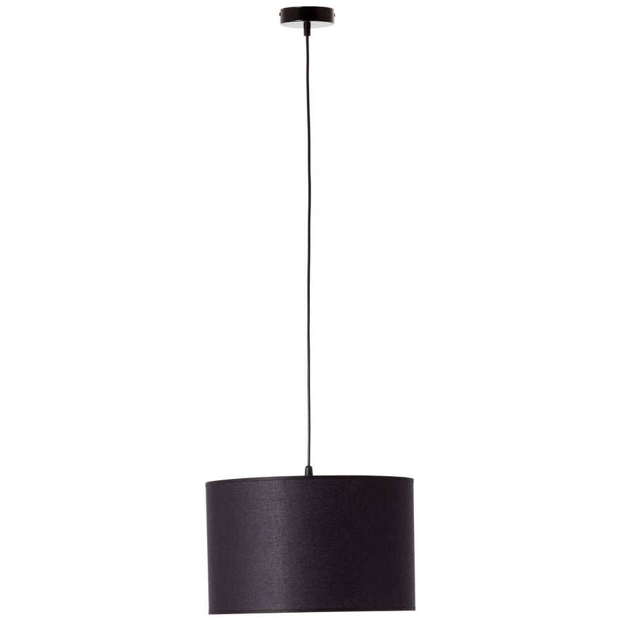 Vue de trois quarts du luminaire suspendu, abat-jour cylindrique et câble fin noir