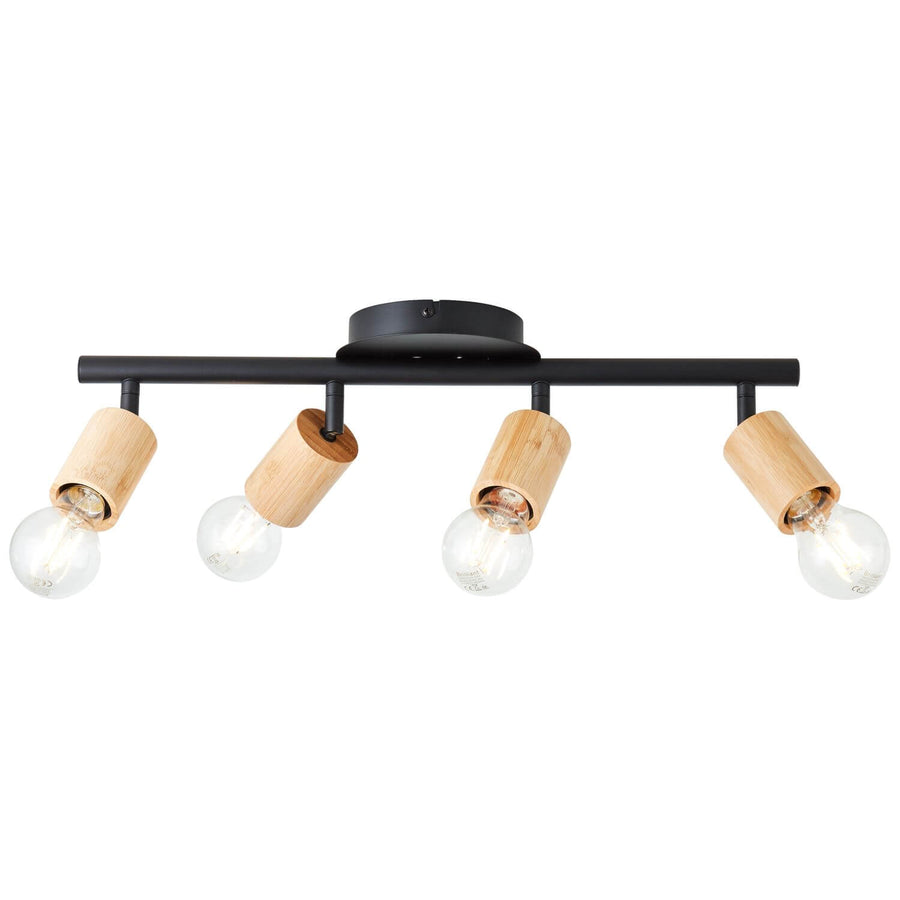 Vue de face du luminaire équipé d'ampoules claires éteintes, structure noire et bambou.