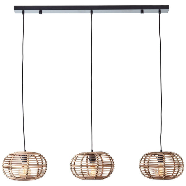 Suspension Woodball 3 lumières noire mat et bois, bambou, H 142 cm