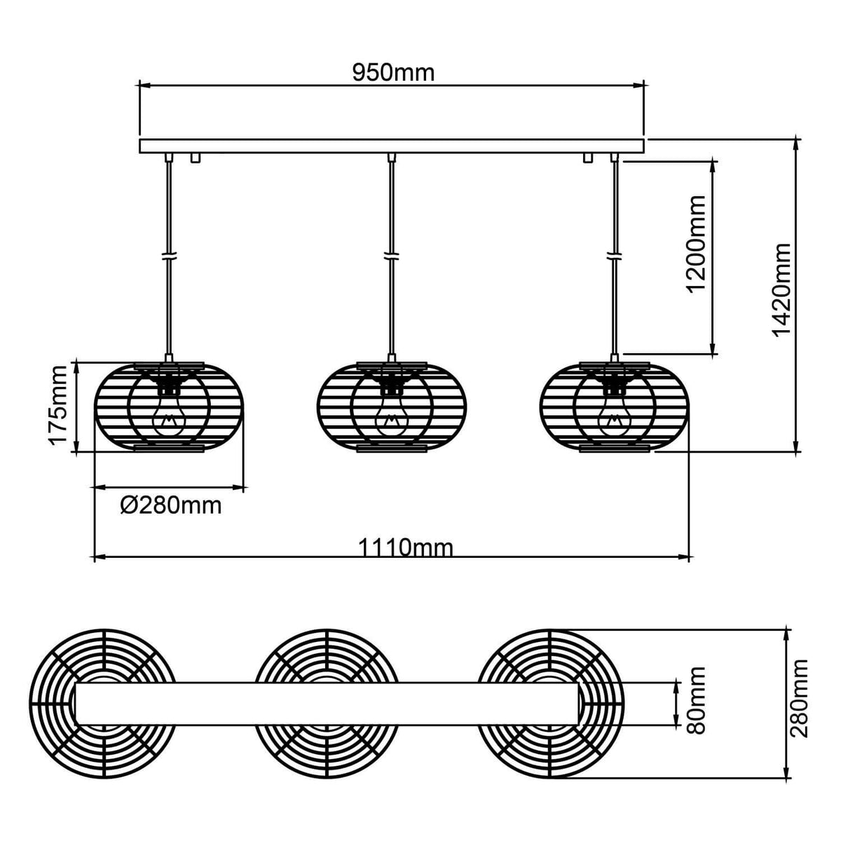 Suspension Woodball 3 lumières noire mat et bois, bambou, H 142 cm