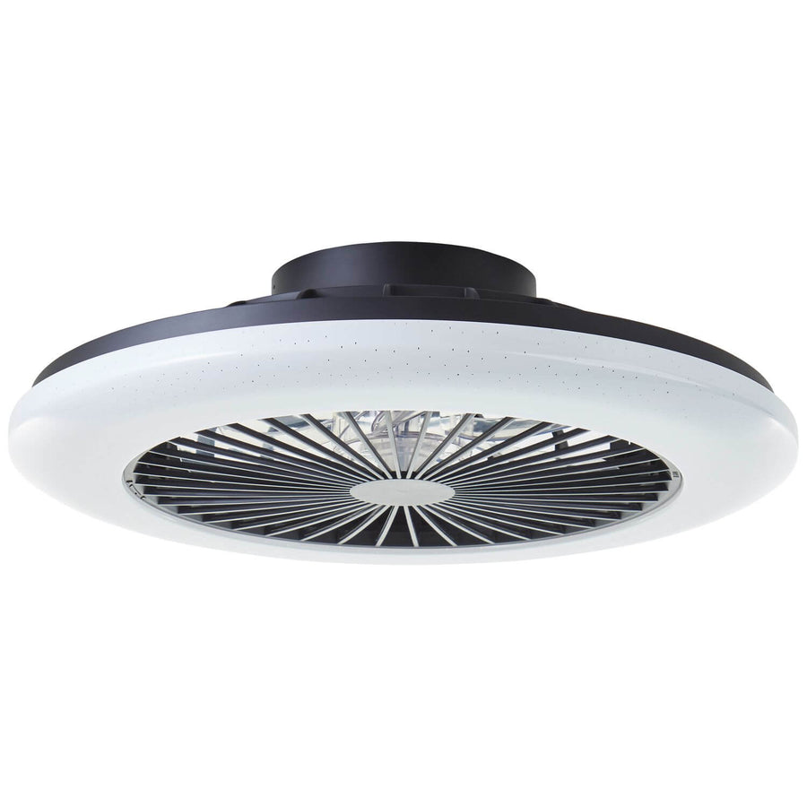 Version blanche du luminaire ventilateur, éclairage éteint, présentée sous le même angle