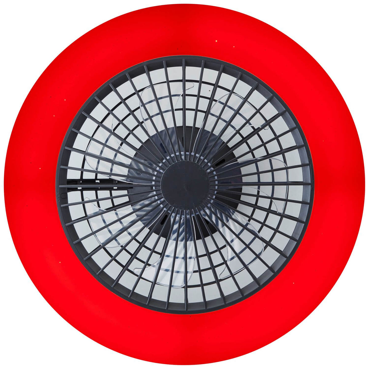 Vue du dessus éclairée en rouge, anneau lumineux coloré autour de la grille