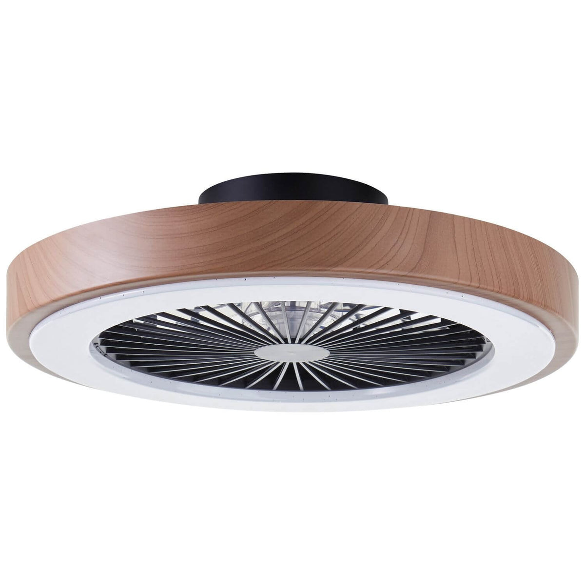 Vue de profil du luminaire en bois clair avec anneau lumineux blanc et grille noire