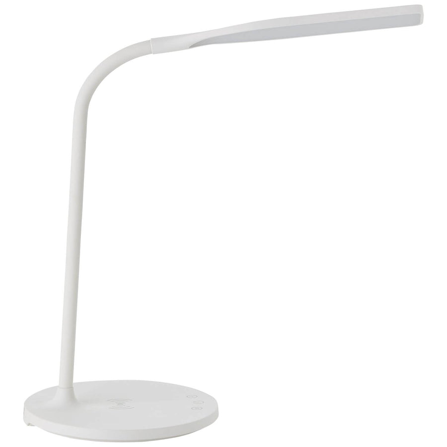 Vue de trois quarts du luminaire blanc éteint, col souple et socle rond