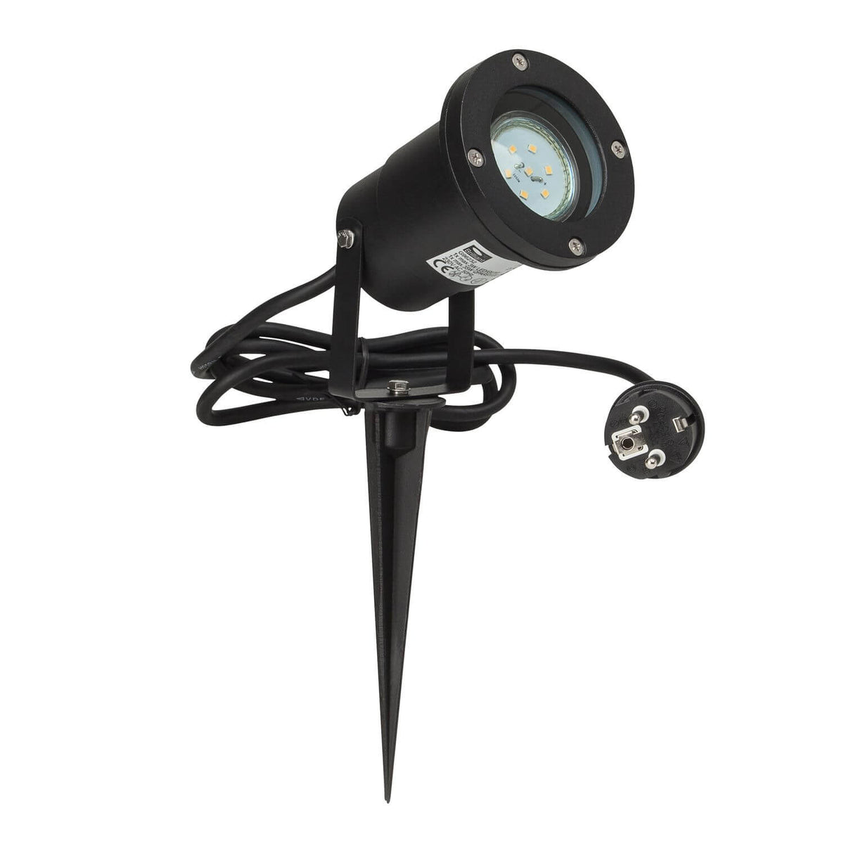 Projecteur noir avec câble enroulé et prise secteur, vue de trois quarts sur fond blanc.