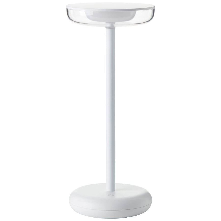 Vue de face de la lampe blanche éteinte, pied rond et tige fine