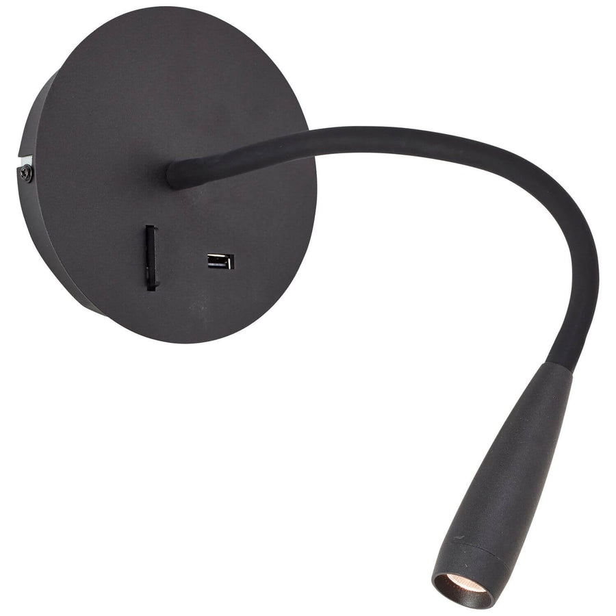 Applique murale noire vue de profil, bras flexible recourbé et socle rond.