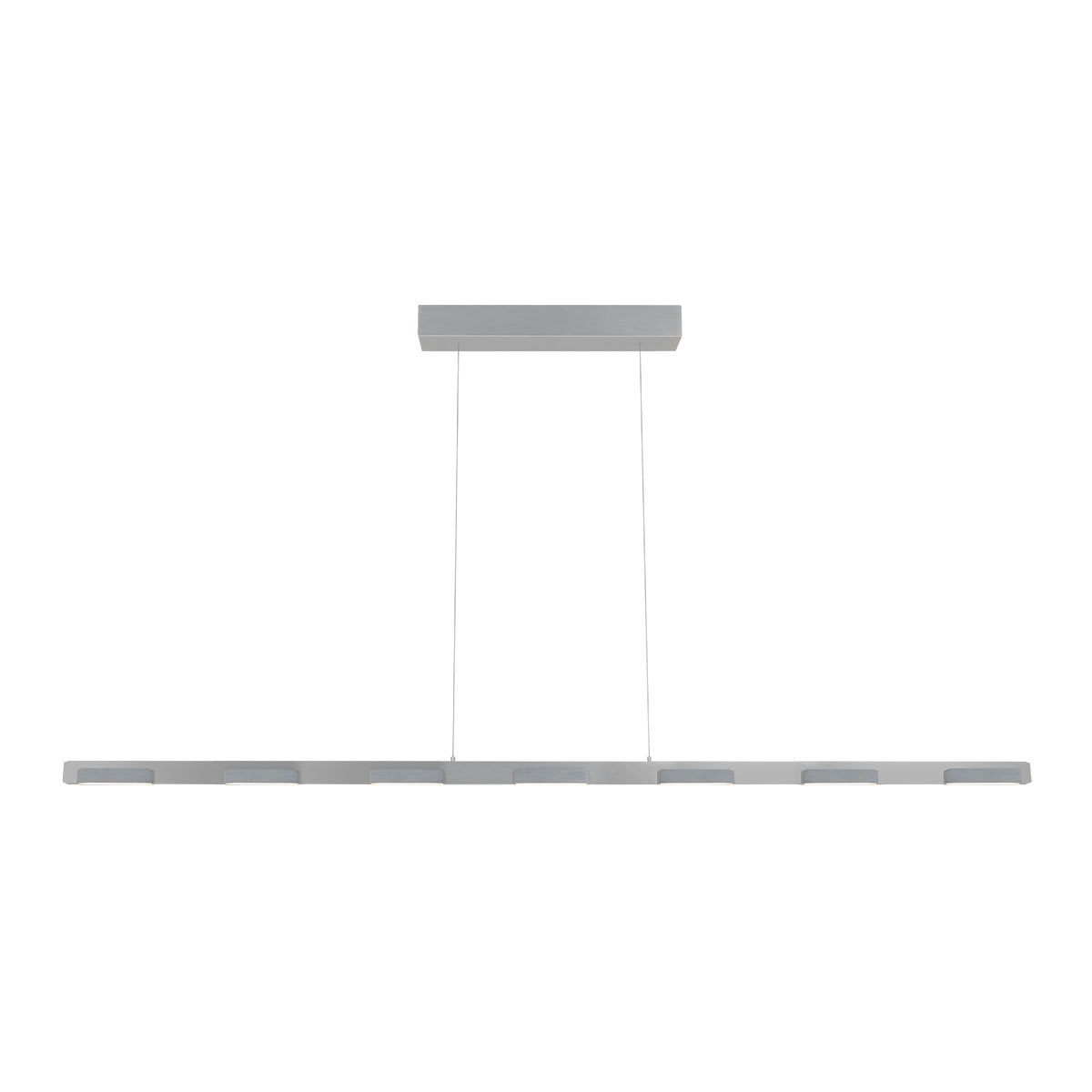 Vue de face du luminaire suspendu, barre fine et boîtier rectangulaire au plafond.