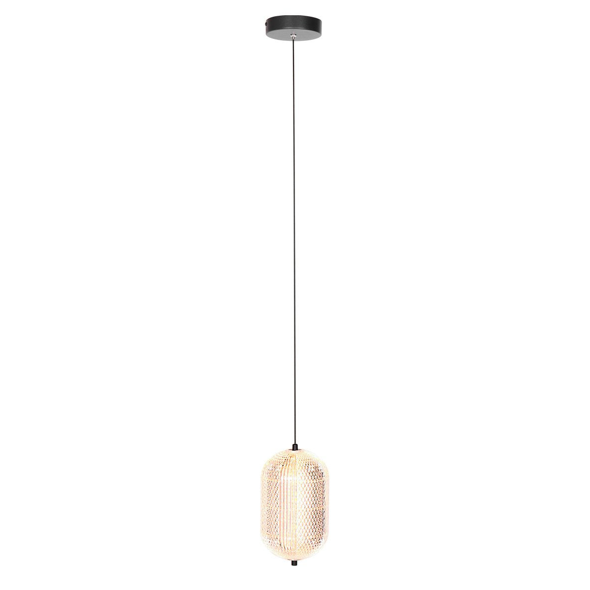 Vue d'ensemble de la suspension avec sa rosace noire fixée au plafond et son câble.