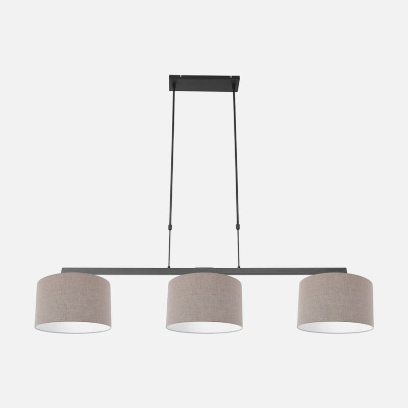 Suspension 3 lampes barre noire, abat-jours en lin gris | Stang
