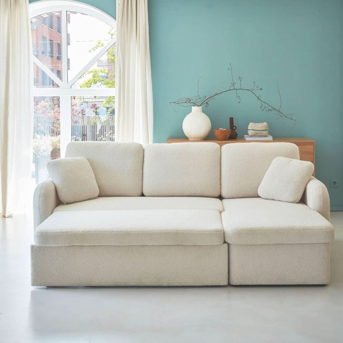 Gemütliches Schlafsofa mit Récamiere, beidseitig montierbar | Blush