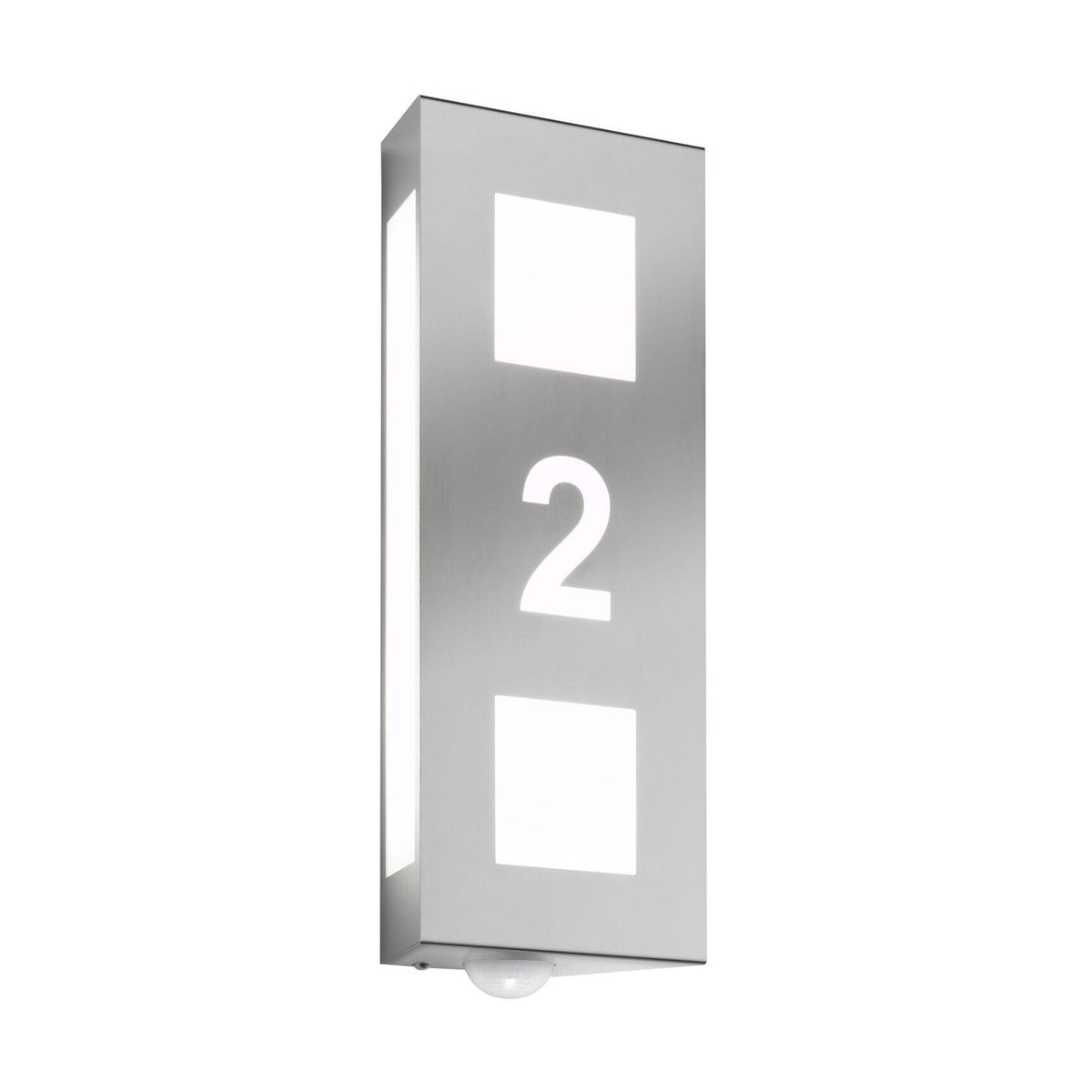 Vue de face de l'applique murale inox avec le numéro 2 et deux carrés lumineux.