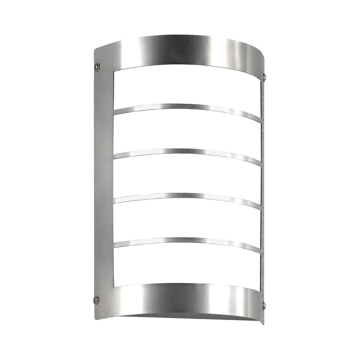 Vue de face de l'applique murale en inox avec bandes horizontales et verre dépoli.