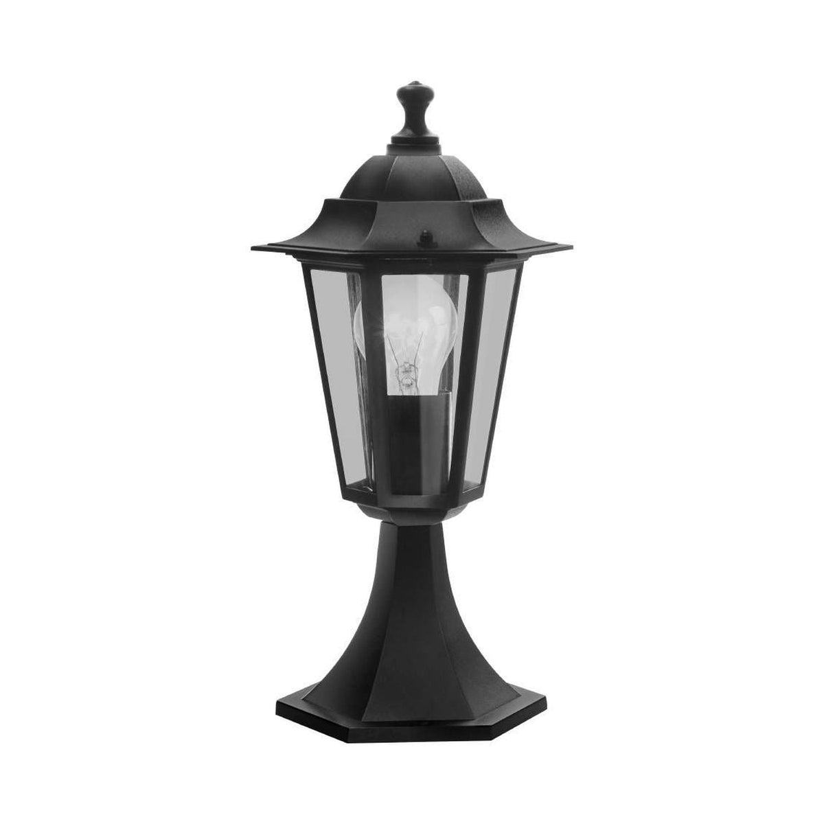 Lampadaire extérieur noir à lanterne hexagonale et verre clair, vue de face sur fond blanc