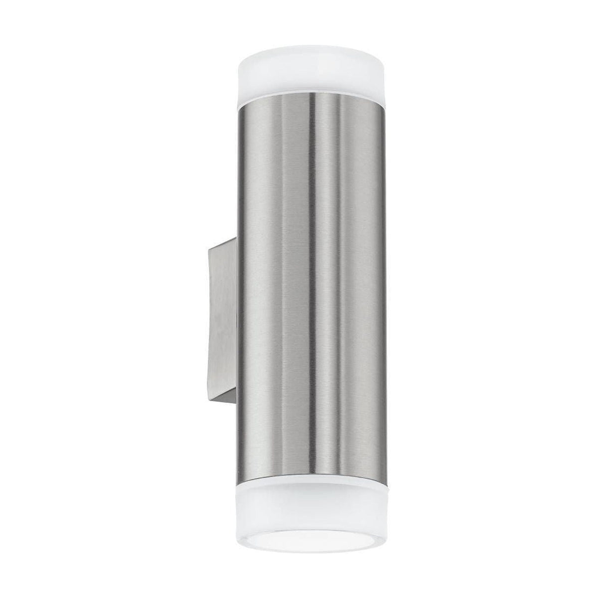 Applique murale cylindrique en inox avec diffuseurs blancs en haut et bas.