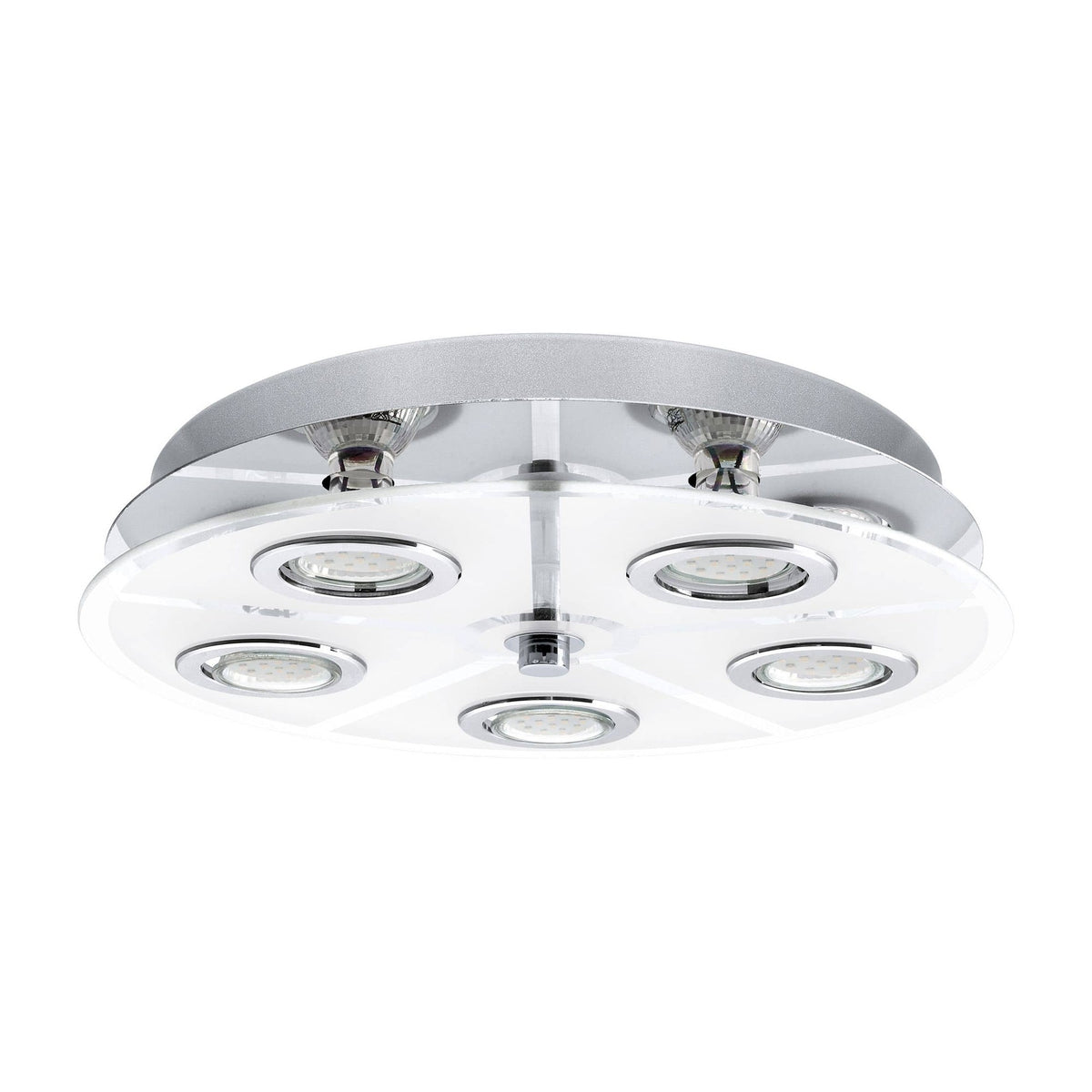 Plafonnier rond vu de face, verre blanc, couronne inox et cinq spots LED