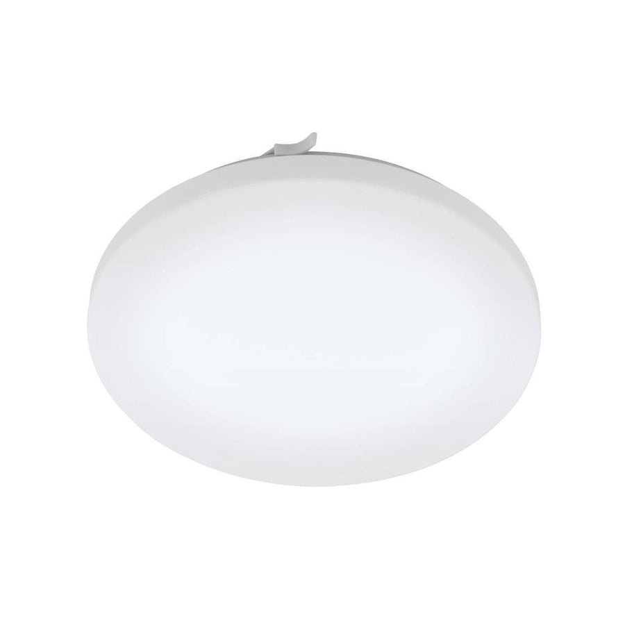 Plafonnier rond blanc vu de dessous, diffuseur en verre dépoli, fixation discrète