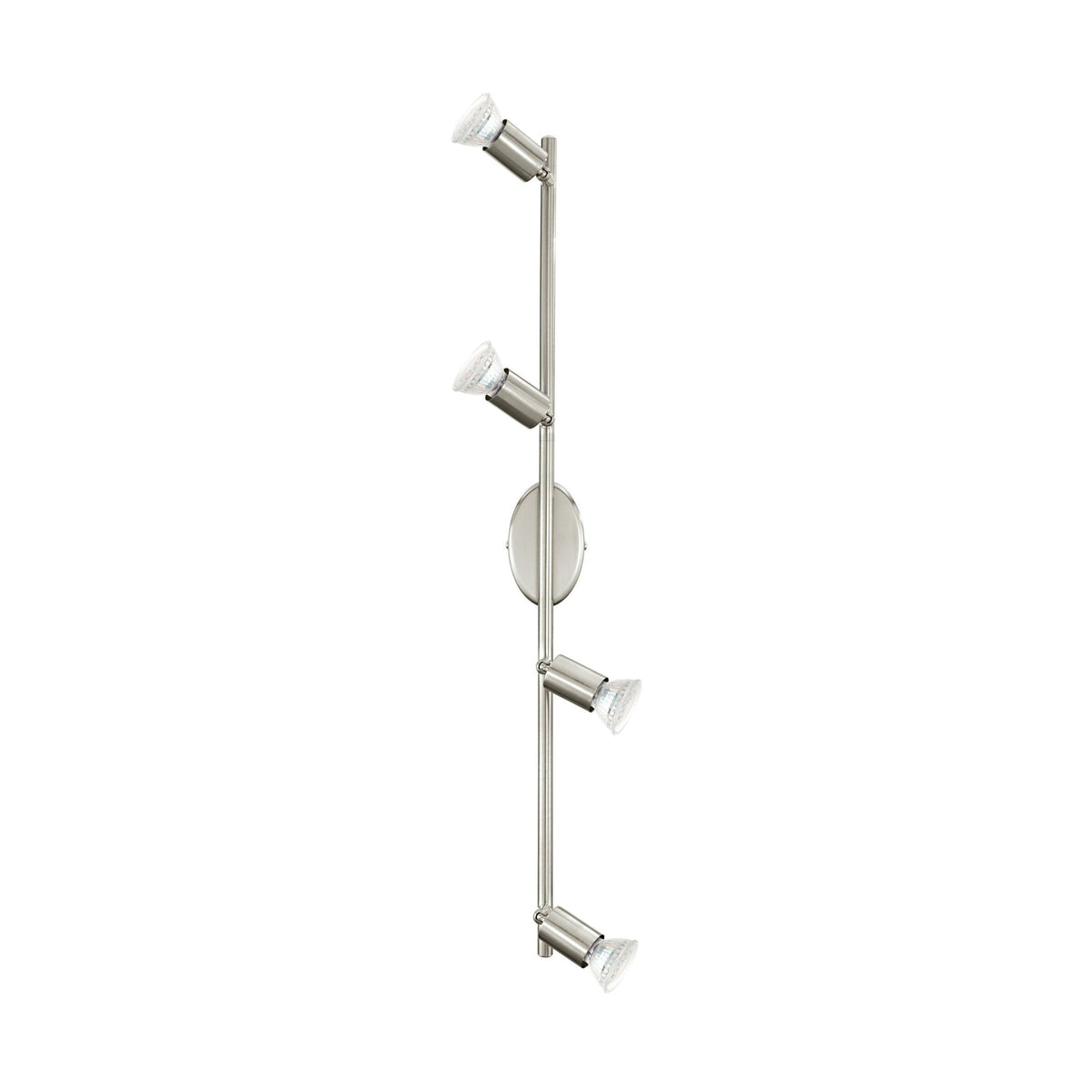Vue de face du plafonnier à quatre spots orientables sur rail nickel satiné