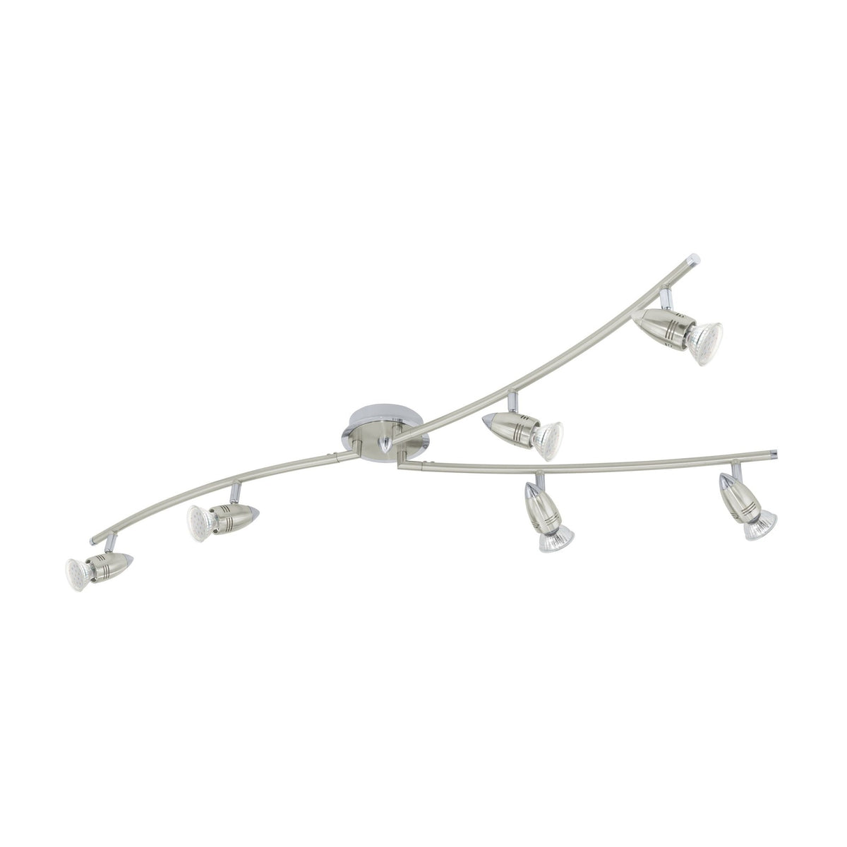 Luminaire plafond nickel satiné à bras courbes et six spots orientables, vue de trois quarts.