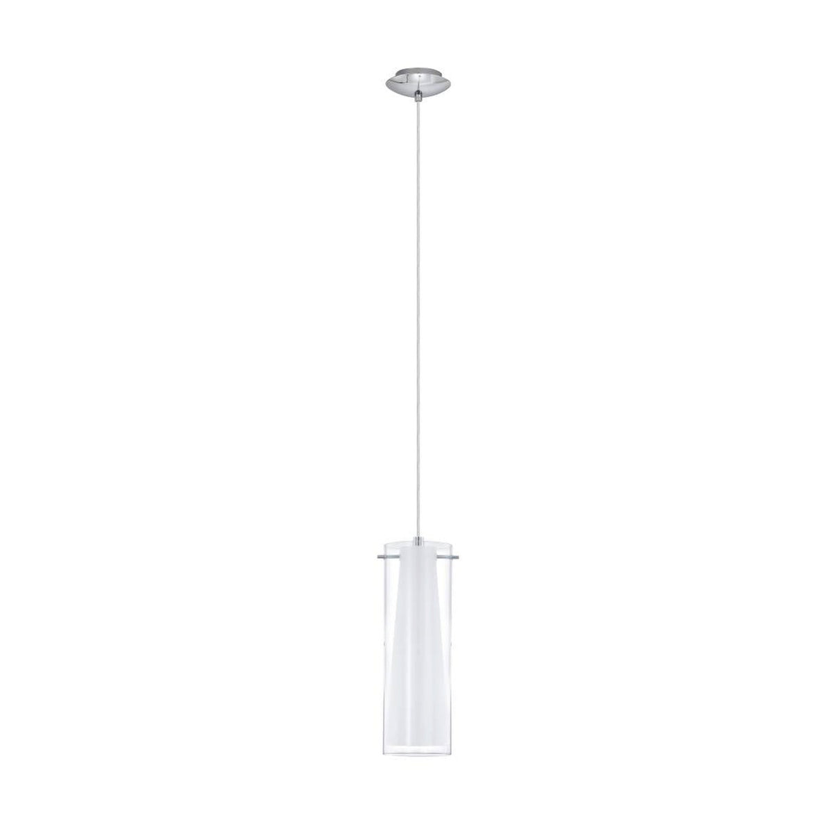 Suspension chromée à double cylindre de verre, vue de face sur fond blanc